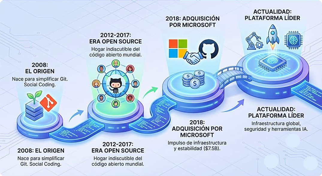 Infograf&iacute;a 3D en forma de l&iacute;nea de tiempo cronol&oacute;gica que ilustra la historia y evoluci&oacute;n de GitHub. Muestra cuatro hitos clave: 1) El origen en 2008 para simplificar Git y el 'Social Coding'. 2) La era Open Source (2012-2017) como hogar mundial del c&oacute;digo abierto. 3) La adquisici&oacute;n por Microsoft en 2018 por $7.5B, impulsando la infraestructura. 4) La actualidad como plataforma l&iacute;der global de desarrollo con automatizaci&oacute;n y herramientas de Inteligencia Artificial (IA).