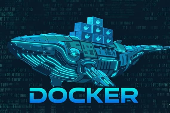 Ilustración vectorial futurista de una ballena mecánica estilo cyberpunk cargando contenedores de envío azules, nadando sobre un fondo de código binario con la palabra DOCKER en tipografía moderna.