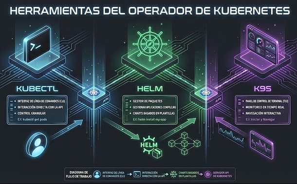 Infograf&iacute;a de estilo tecnol&oacute;gico en modo oscuro dividida en tres secciones verticales que explican las herramientas de Kubernetes. A la izquierda en azul, Kubectl como interfaz de l&iacute;nea de comandos (CLI); en el centro en verde, Helm como gestor de paquetes; y a la derecha en p&uacute;rpura, K9s como panel de control visual. Todas las herramientas muestran l&iacute;neas de conexi&oacute;n fluyendo hacia un n&uacute;cleo central que representa la API de Kubernetes.