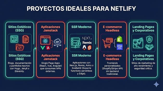 Infografía visual sobre fondo oscuro titulada "Proyectos Ideales para Netlify" que muestra 5 categorías clave con iconos neón: Sitios Estáticos SSG (Hugo, Jekyll), Aplicaciones Jamstack (React, Vue), SSR Moderno (Next.js, Remix), E-commerce Headless (Shopify, Stripe) y Landing Pages Corporativas de alto rendimiento.
