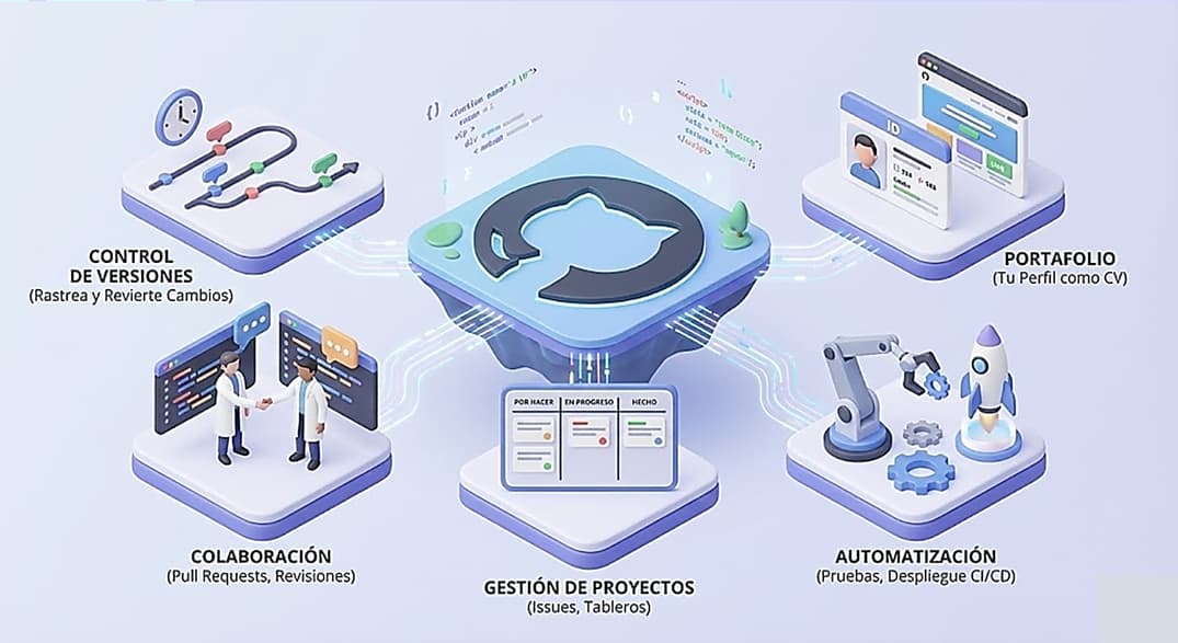 Infograf&iacute;a estilo isom&eacute;trico 3D que detalla los 5 usos principales de GitHub: Control de Versiones con Git, Colaboraci&oacute;n y Open Source, Gesti&oacute;n de Proyectos &Aacute;giles, Automatizaci&oacute;n CI/CD con GitHub Actions y Creaci&oacute;n de Portafolio Profesional.