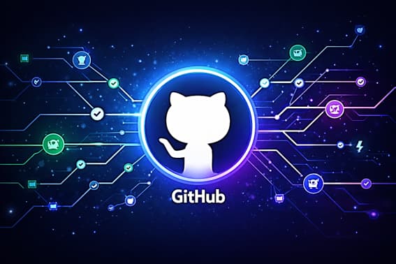 Ilustración del logo de GitHub representando colaboración, repositorios y control de versiones.