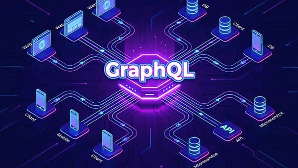 Ilustración 3D estilo futurista de la arquitectura GraphQL. Muestra un nodo central brillante (servidor) conectado de forma organizada a múltiples clientes (móvil, web, bases de datos), representando el flujo de datos preciso y sin over-fetching.