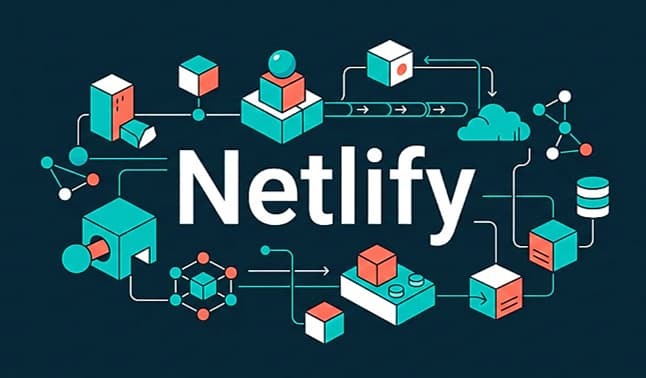 Ilustración vectorial moderna con la palabra Netlify en el centro, rodeada de bloques geométricos conectados y tuberías de datos en colores turquesa y coral que representan la arquitectura de software modular, el flujo Jamstack y el despliegue serverless sobre un fondo oscuro.