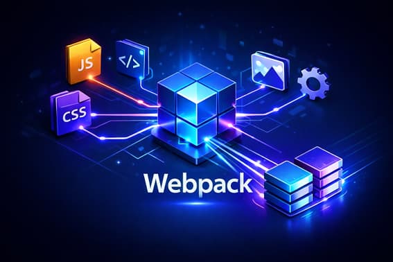 Diagrama conceptual de Webpack: Transformación de dependencias JavaScript, CSS e imágenes en bundles optimizados para producción.